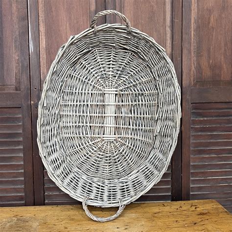 Large Vintage Oval Wicker Basket Tray Two Handles - The Junk Parlor