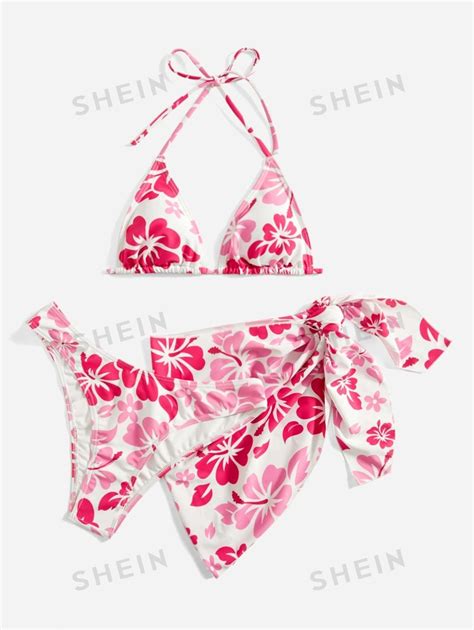SHEIN Swim Conjunto de bikini floral Sujetador micro triángulo halter Bottom bikini Falda