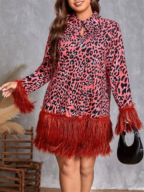 Shein Clasi Plus Leopard Print Fuzzy Trim Keyhole Neck Dress Shein Usa