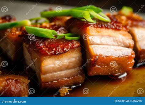 macro shot  crispy pork belly  hoisin sauce  scallions stock
