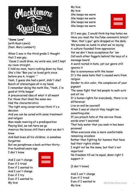 Worksheet: Same Love by Macklemore for Human Rights Study