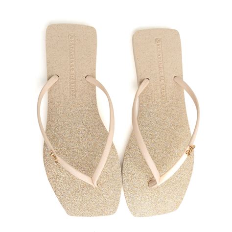 Rasteira Nude Manteiga Bico Quadrado Glitter Bronze Pop Star Bege