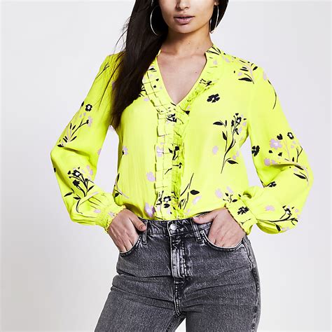 Lime Floral Frill Front V Neck Blouse River Island