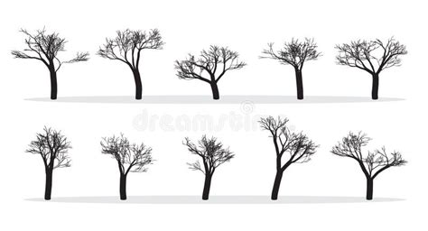 Naked Trees Silhouettes Set Hand Drawn Isolated Stock Vector