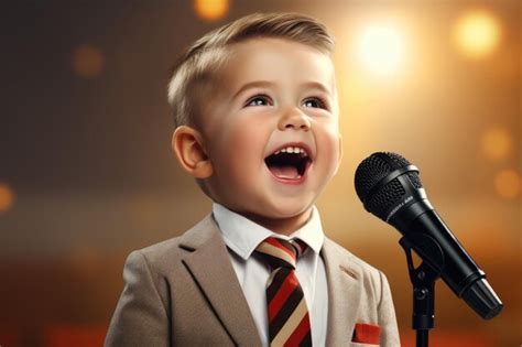 generated illustration  boy singing   microphone  stage