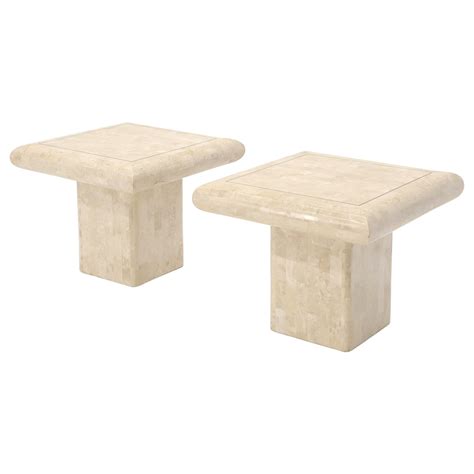 Pair Of Square Tessellated Stone Veneer Brass Inlay End Tables Stands For Sale At 1stdibs