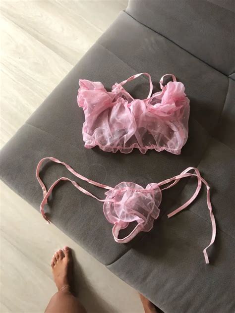 FREE SHIPPING Pink Lettuce Trim Dobby Mesh Tie Side Sexy Lingerie Set Women Intimates Frill Bra