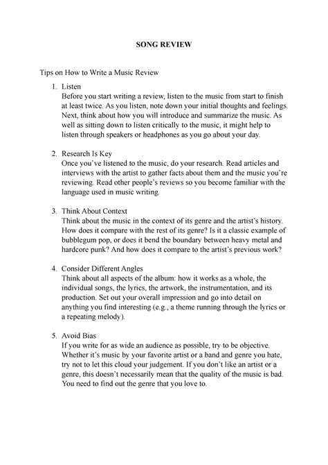 SONG Review notes - SONG REVIEW Tips on How to Write a Music Review