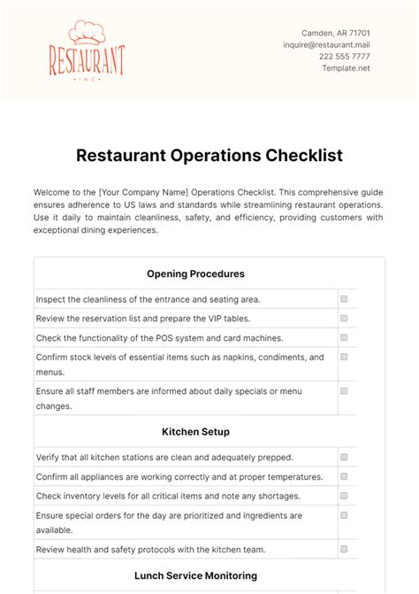 Free Restaurant Handover Checklist Template to Edit Online