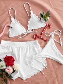 ZAFUL Ribbed Scalloped Three Pieces String Bikini Swimwear In WHITE ZAFUL