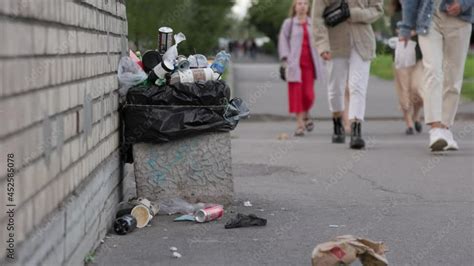 Garbage People Throw Out Garbage Full Bins Garbage Lying On The