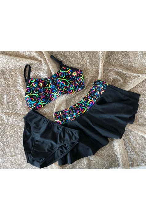 Genel Markalar Kız Çocuk Garson Esnek Ayarlanabilir Askı Siyah Renkli Desenli Etekli Bikini