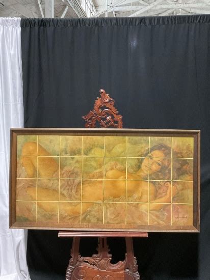 Rare Large Vintage Framed Tile Painting Of A Nude Woman By Famous Dutch