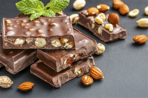 Delicious Chocolate Bars with Mixed Nuts and Refreshing Mint Leaves ...
