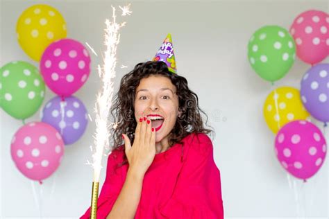 Happy Birthday Brunette Girl Posing With Balloons Fireworks Colorful Balloons And Holiday