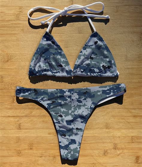 Swimwear Bikini 2 Piece Set Navy Camo Thong Cheeky Or Full Coverage Triangle String Tie