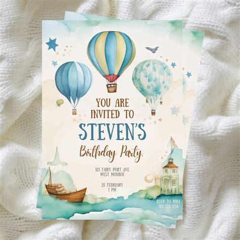 Hot Air Balloon First Birthday Invitation Watercolor Birthday Invite First Birthday Party