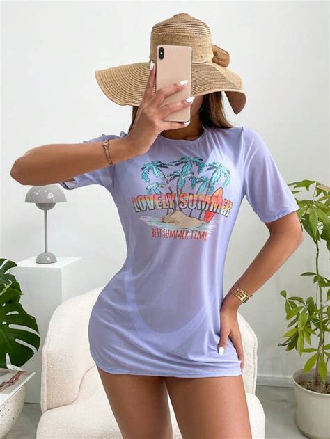 Letter And Tropical Print Mesh Bikini Set Halter Triangle Bra Top Hipster Bikini Bottom