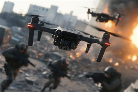 Swarm of Military Drones Flying Over a War-torn Cityscape, Chaos Below ...
