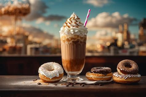 Premium Photo Ice Coffee With Whipped Cream And Donut