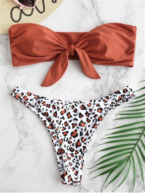 48 OFF 2021 ZAFUL Leopard Tied Bandeau Bikini Set In CHESTNUT RED