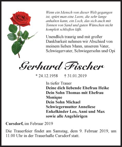 Traueranzeigen Von Gerhard Fischer Trauer In Thueringen De