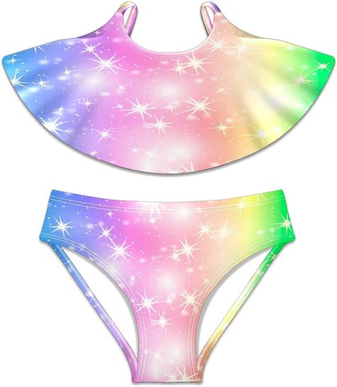 Girls Bathing Suit 2 Piece Swimsuit Bikini Swimwear Glitter Star Rainbow Multi Medium