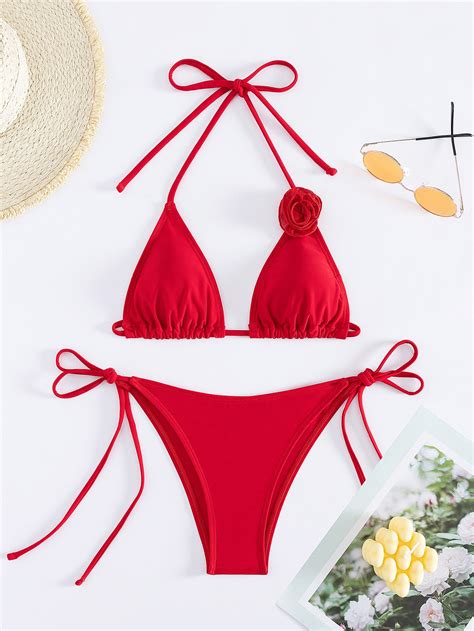 Summer Sexy Solid Bikini Sets For Women Lace Up Bras Tops Tie Side Thong Swimsuit Female Beach