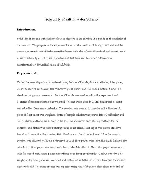 Lab Report 4 - Solubility of Salt in Water/Ethanol and Error Analysis - Studocu