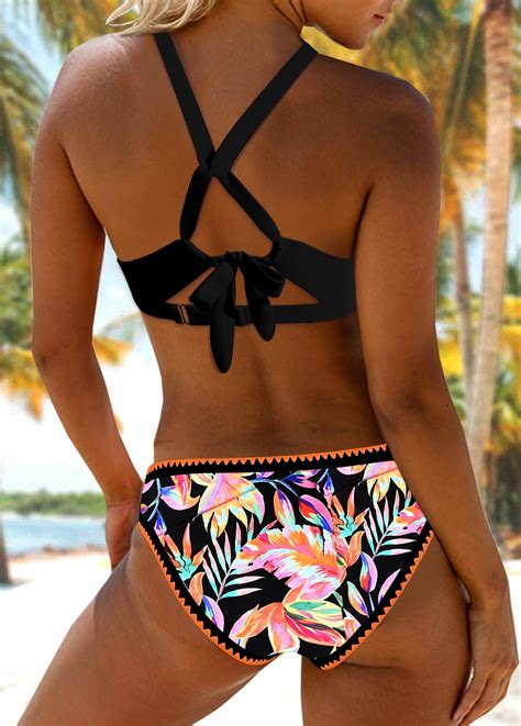 Criss Cross Leaf Print Black Bikini Set Modlily Usd