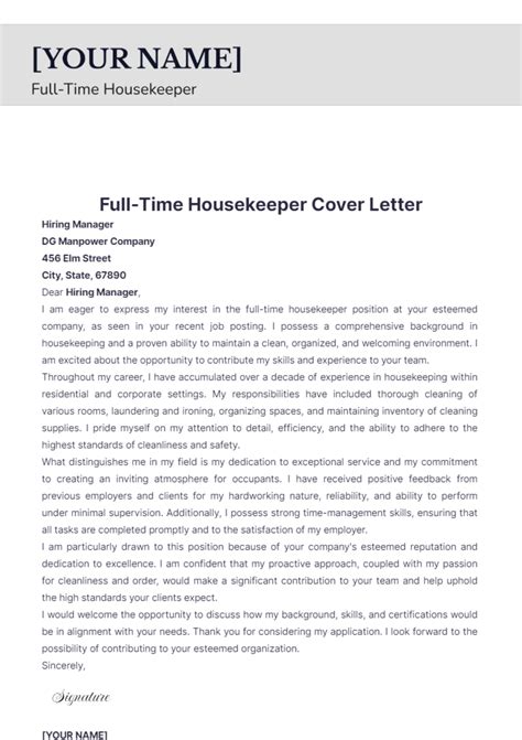 Free Full-Time Housekeeper Cover Letter Template to Edit Online