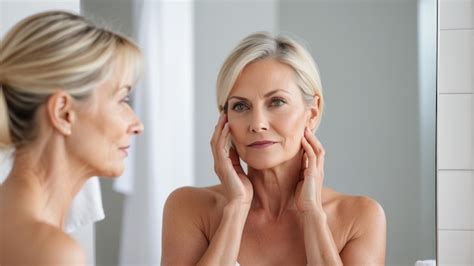 Premium Photo Old Blonde Woman Standing In Bathroom After Shower Touching Face Looking At