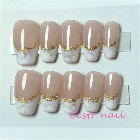 Romantic French Nails Nude Metallic Nails Elegant Pressed Nails