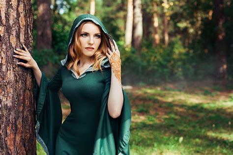 HD Wallpaper Forest Green Dress Women Trees Model Women Outdoors