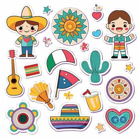 Conjunto De Pegatinas Coloridas Para La Fiesta Mexicana Vector