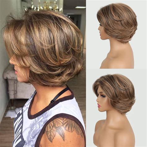 Amazon Short Honey Blonde Pixie Cut Wig With Highlight Ombre Dark Brown Layered Bob Wigs