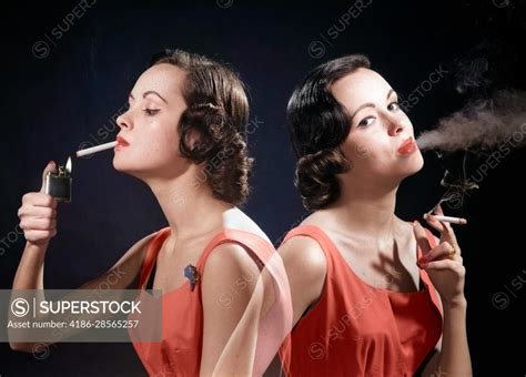 1960s Multiple Exposure Two Views Brunette Woman Smoking A Cigarette