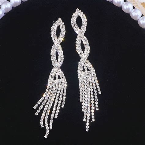 Elegant Silver Color Crystal Long Tassel Earrings, Shiny Rhinestone ...