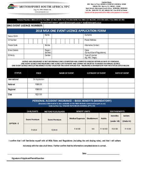 Fillable Online 2018 MSA ONE EVENT LICENCE APPLICATION FORM Fax Email