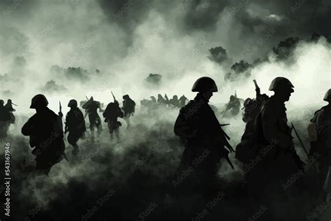 Silhouettes Of Soldiers In Battle World War 1 Scenery Stock Vector