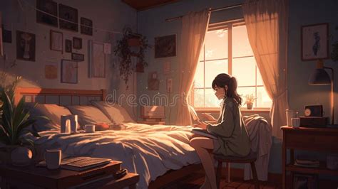 Lofi Girl In Bikini On A Beach Anime Manga Style Illustration Design Background Generative Ai