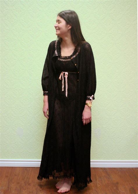 Vintage Black Lace Peignoir Set Nightgown And Robe 1960s Size Medium Madmen Lingerie Set