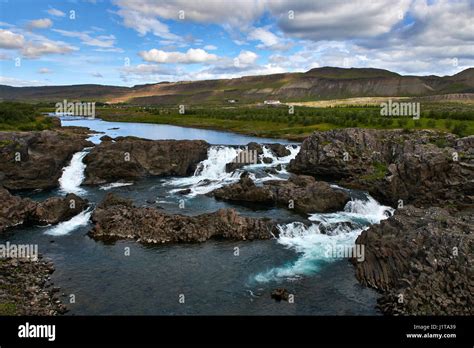 glanni waterfall  grabrokarhraun lava field   small village