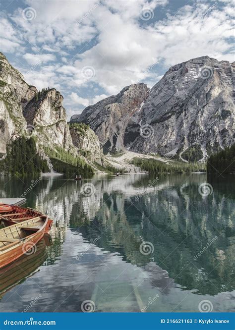 Boats On The Braies Lake Pragser Wildsee In Dolomites Mountains