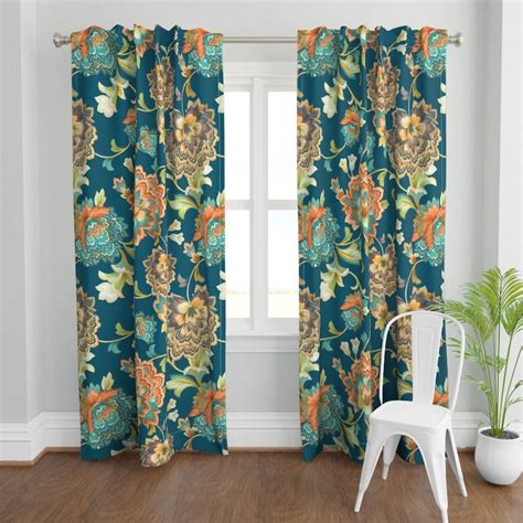 Orange Chintz Curtain Panel Teal Chintz Orange By Etsy