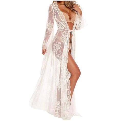 Femmes Sexy Robe Longue Dames Sheer Gown Lingerie Cardigan Dentelle V Tements De Nuit Blanc