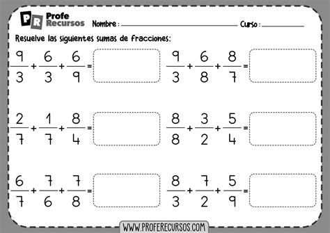Ejercicios De Sumas De Fracciones Preparado Para Imprimir