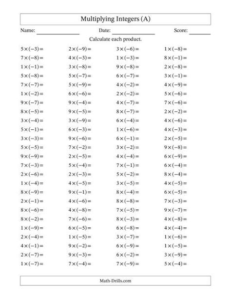 Multiplying Integers Positive Multiplied By A Negative Range 9 To 9 A