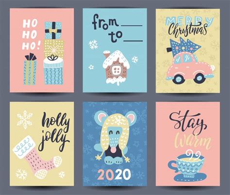 Premium Vector Set Of 6 Cute Greeting Cards And Hand Drawn Christmas