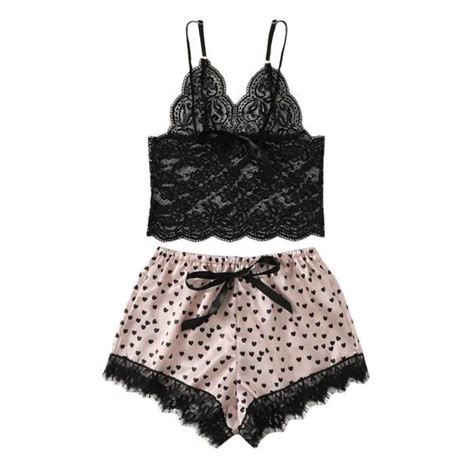Femmes Satin Dentelle Soie Imprimé Camisole Shorts Bow Set Vêtements de Nuit Pyjamas Lingerie